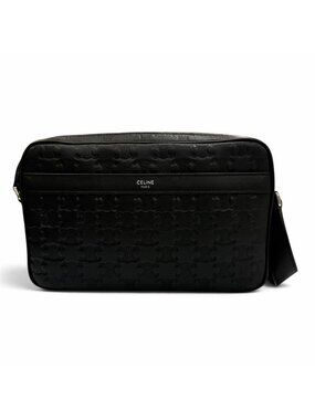 Celine Leather Triomphe Medium Messenger Shoulder Bag Black Silver